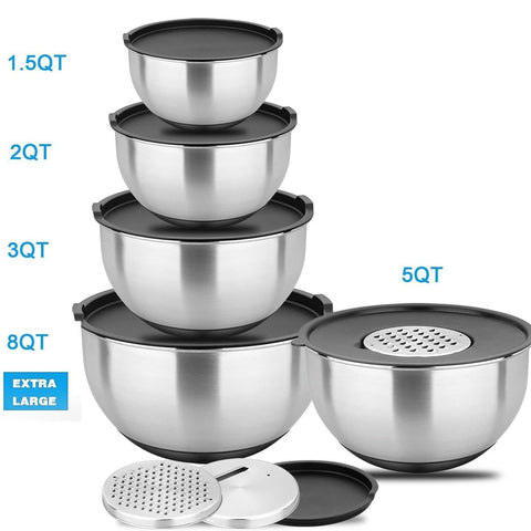 Zonegrace Stainless Steel Nesting Mixing Bowls Set of 5 with Lids, Measurement Lines & Silicone Bottoms and 3 Grater Attachments, Size 8, 5, 3, 2, 1.5 QT