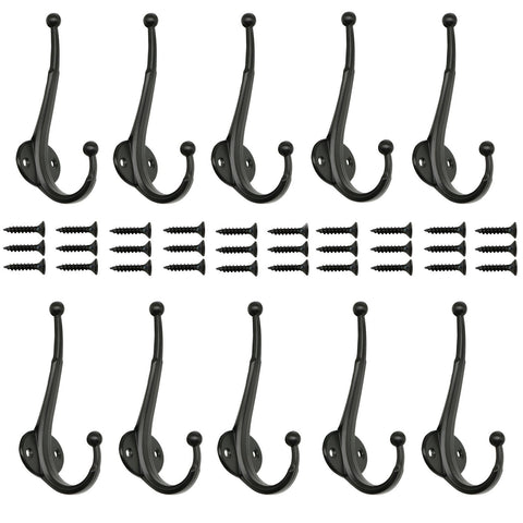 LepoHome 10 Pack Heavy Duty Dual Coat Hooks Wall Mounted with 30 Screws Retro Double Hooks Utility Black Hooks for Coat, Scarf, Bag, Towel, Key, Cap, Cup, Hat