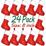 LimBridge Christmas Mini Stockings, 24 Pack 8 inches Glitter Star Print with Plush Cuff, Classic Stocking Decorations for Whole Family, Red