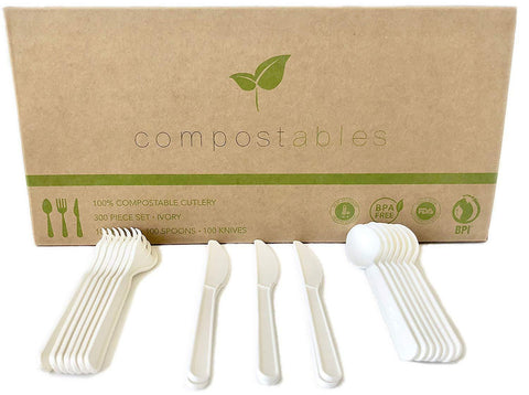 100% Eco-Friendly Compostable Cutlery Set - 300 Pieces (100 Forks | 100 Spoons | 100 Knives) - Durable Disposable Utensils Made from Renewable Plant-Based Resources