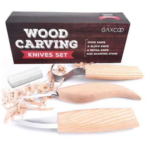 Wood Carving Tool Kit Boy Scout | Sloyd Hook Detail Knives | Hardwood Handle Grips Carbide Blades, Bonus Sharpener Included All Inclusive 4 Piece Set