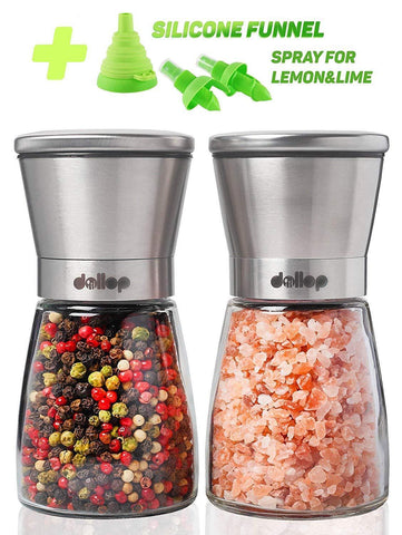 Salt & Pepper Grinder Set – Salt & Pepper Shakers with lid - brushed stainless steel Pepper Mill and Salt Mill - Adjustable Ceramic Rotor - Glass body - Silicone funnel collapsible & 2 citrus sprayer