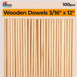 Dowel Rods 3/16 12 inch - Hardwood Dowels for Crafts 100 pcs Sturdy Unfinished Natural - Wedding Ribbon Wands 12" 3/16"