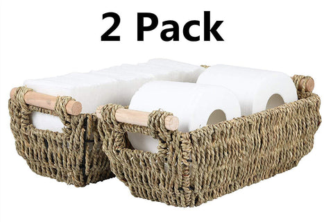 Storage Baskets, Decorative Seagrass Basket Tote with Wooden Handles, 12" x 6.3" x 4.3", 2-Pack