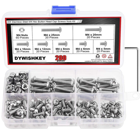 DYWISHKEY 200 Pieces M4 x 5mm/6mm/8mm/12mm/16mm/20mm/25mm Stainless Steel 304 Hex Button Head Cap Bolts and Nuts Kit