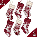 LimBridge Christmas Mini Stockings, 6 Pack 9 inches Knitted Knit Stripe Rustic Holiday Decorations, Goodie Bags for Family and Friends, Burgundy and Cream