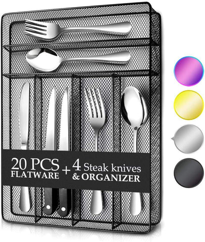 24 Piece Silverware Teivio  Set, Flatware Utensils Set Mirror Polished, Dishwasher Safe Service for 4, Include Knife/Fork/Spoon/Steak Knife/Wire Mesh Steel Cutlery Holder Storage Trays (Silver)