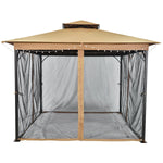 SUNLONO 10 x 10 Ft Outdoor Fabric/Steel Gazebo 2-Tiered Top Canopy with Mosquito Netting Screen Walls, Beige