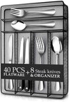 24 Piece Silverware Teivio  Set, Flatware Utensils Set Mirror Polished, Dishwasher Safe Service for 4, Include Knife/Fork/Spoon/Steak Knife/Wire Mesh Steel Cutlery Holder Storage Trays (Silver)