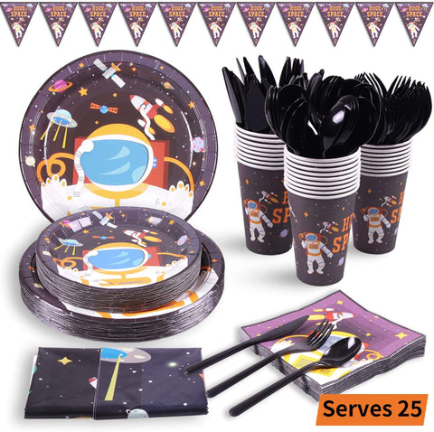 Duocute Outer Space Party Supplies 177PCS Astronaut Planet Theme Children Birthday Disposable Dinnerware Set Includes Plates, 12oz Cups, Napkins, Spoons, Forks, Knives