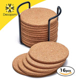 Natural Cork Coasters With Round Edge 4 inches 16pc Set with Metal Holder Storage Caddy – 1/5” Thick Plain Absorbent Heat-Resistant Reusable Saucers for Cold Drinks Wine Glasses Plants Cups & Mugs