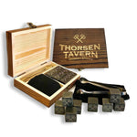 Whiskey Stones Set by Thorsen Tavern - 9 Granite Whiskey Chilling Stones, 1 Tongs set & 1 Black Velvet Bag in Elegant Wooden Box; Keep Your Whiskey, Bourbon and Scotch Slightly Chilled & Flavorful