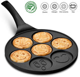 Gourmia GPA9540 Smiley Face Pancake Pan – Fun 7 Emoji Mini Pancake and Flapjack Maker – Die Cast Aluminum, Double Layer Nonstick Coating – Cool-to-Touch Handle