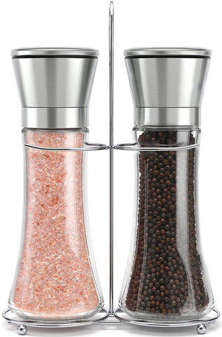 Original Stainless Steel Salt and Pepper Grinder Set With Stand - Tall Salt and Pepper Shakers with Adjustable Coarseness - Salt Grinders and Pepper Mill Shaker Set