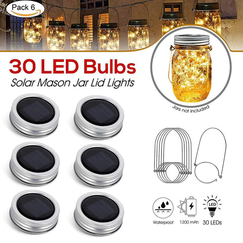 [Upgraded] Solar Mason Jar Lid Lights 30 LEDs - 1200mAh Battery | Outdoor Decor, Patio Garden Decor, Solar Lantern Table Light | 6-Pack Hangers and Lids String Fairy Firefly Lights/No Jars