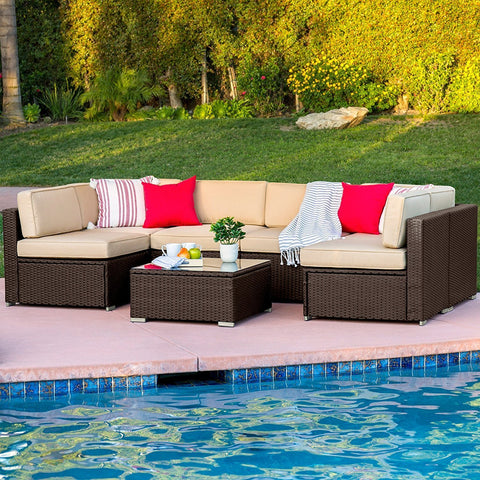 Best Choice Products 7-Piece Outdoor Patio Rattan Wicker Sectional Conversation Sofa Set w/Table, 6 Sofa Chairs, No Assembly Required - Brown