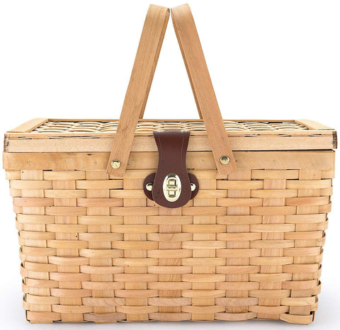 Picnic Basket | Wood Chip Design | Red and White Gingham Pattern Lining | Strong Wooden Folding Handles | Features a Leather Strap Metal Lock for Safety | Natural Eco Friendly Woven Woodchip Basket by CALIFORNIA PICNIC