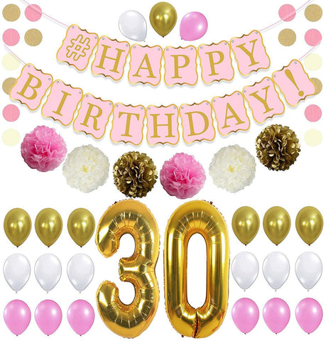 KATCHON 031 Party Decorations Kit-Happy Birthday Banner, 30th Balloons,Gold and Black, Number 30