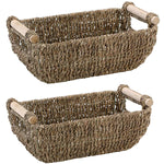 Storage Baskets, Decorative Seagrass Basket Tote with Wooden Handles, 12" x 6.3" x 4.3", 2-Pack